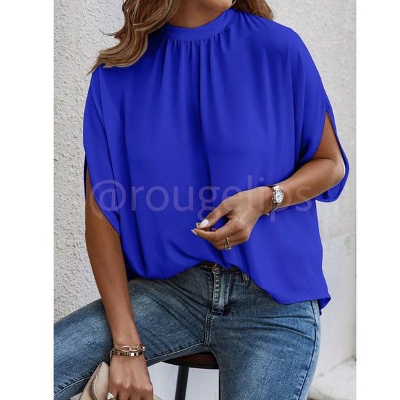 Royal Blue Blouse Top Flowy, High Neck - Picture 3 of 11